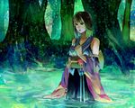  bad_id bad_pixiv_id blue_eyes brown_hair detached_sleeves final_fantasy final_fantasy_x green_eyes heterochromia japanese_clothes jewelry necklace solo water yugoromo yuna_(ff10) 