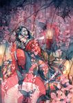  bug butterfly candle cherry_blossoms hannya hexagon highres insect japanese_clothes katana kimono mask oni_mask oriental_umbrella original parasol shuka_(taupe) skull solo sword traditional_media umbrella watercolor_(medium) weapon 