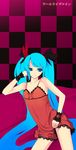  aqua_eyes blue_hair bow checkered checkered_background chin_rest dress hatsune_miku highres long_hair powhu solo twintails very_long_hair vocaloid world_is_mine_(vocaloid) wristband 