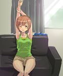  armpits arms_up atlus blush brown_eyes brown_hair couch female hashi kuma_(persona_4) oekaki persona persona_4 satonaka_chie short_hair shorts sitting wink 