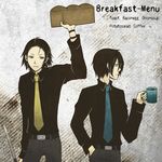  black_hair blue_eyes cup english food formal highres male_focus mochizuki_ryouji multiple_boys necktie persona persona_3 yuuki_makoto 