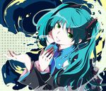  bare_shoulders black_legwear from_above green_eyes green_hair hatsune_miku long_hair mariwai_(marireroy) multicolored multicolored_nails nail_polish solo thighhighs twintails vocaloid 