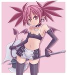  axe bad_id bad_pixiv_id bat_wings belt black_legwear blush demon_girl demon_tail disgaea earrings elbow_gloves etna flat_chest gloves hasu_(hk_works) holding holding_axe jewelry midriff miniskirt navel pointy_ears red_eyes red_hair skirt solo tail thighhighs weapon wings 
