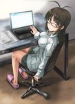  akizuki_ritsuko alternate_hairstyle antenna_hair brown_eyes brown_hair chair computer dan_(orange_train) glasses idolmaster idolmaster_(classic) laptop long_hair looking_back office_chair sitting slippers solo 