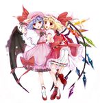  :d bat_wings blonde_hair bloomers blue_hair blush bow brooch capelet commentary_request crystal flandre_scarlet frilled_skirt frills full_body hat hat_ribbon jewelry kojima_saya looking_at_viewer mob_cap multiple_girls open_mouth puffy_short_sleeves puffy_sleeves red_bow red_eyes red_footwear red_ribbon remilia_scarlet ribbon shoes short_sleeves siblings side_ponytail sisters skirt skirt_set smile touhou underwear white_legwear wings wrist_cuffs 