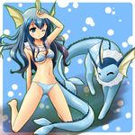  barefoot bikini blue_eyes blue_hair blue_nails fins fish_tail gen_1_pokemon gradient_hair kneeling long_hair lowres moemon multicolored_hair nail_polish one_eye_closed personification pokemon pokemon_(creature) swimsuit tail tenjou_ryuka vaporeon wavy_hair 