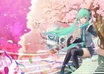  aqua_eyes aqua_hair bad_id bad_pixiv_id boots cherry_blossoms detached_sleeves digital_media_player food hatsune_miku headphones highres instrument keyboard_(instrument) legs lips long_hair musical_note necktie one_eye_closed petals rinzou_(dangan) sitting skirt smile solo thigh_boots thighhighs tree twintails very_long_hair vocaloid 
