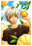  bishounen blonde_hair dark_skin food fruit green_eyes highres orange oranges 