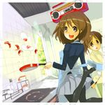  apron bad_anatomy bad_id bad_pixiv_id boombox brown_eyes brown_hair cooking feet food ginbato hirasawa_ui hirasawa_yui k-on! multiple_girls pantyhose school_uniform siblings sisters 