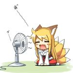  =_= animal_ears bad_id bad_pixiv_id blonde_hair blush_stickers chibi closed_eyes copyright_request electric_fan fan_speaking fang fanning_face fox_ears fox_tail jingai_modoki long_hair lowres multiple_tails open_mouth solo tail 