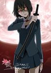  absurdres black_hair bob_cut durarara!! full_moon gery glasses glowing glowing_eyes highres moon pleated_skirt red_eyes red_moon red_sky school_uniform short_hair skirt sky solo sonohara_anri sword weapon 