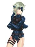  1girl black_eyes bodysuit crossed_arms eyepatch female genderswap grey_hair headband konami mei_(pixiv290318) metal_gear metal_gear_(series) metal_gear_solid metal_gear_solid_4 short_hair simple_background solid_snake solo white_background 