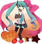 aqua_eyes aqua_hair bad_id bad_pixiv_id bare_shoulders bow detached_sleeves hand_on_own_chest hatsune_miku heart highres legs long_hair looking_at_viewer manio necktie ribbon skirt solo star thighhighs twintails very_long_hair vocaloid zettai_ryouiki 