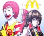  1girl bow brown_eyes brown_hair clown crossover gloves hair_bow hakurei_reimu kentairui mcdonald's pink_hair ronald_mcdonald touhou 