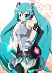  aqua_eyes aqua_hair belt blush bridal_gauntlets elbow_gloves gloves hatsune_miku hatsune_miku_(append) long_hair massala necktie smile solo thighhighs twintails very_long_hair vocaloid vocaloid_append 