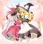  blonde_hair blue_eyes bow braid brown_eyes brown_hair cherry_blossoms detached_sleeves hair_bow hakurei_reimu hat highres kirisame_marisa kojima_saya multiple_girls short_hair touhou witch_hat 