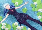  afloat china_dress chinese_clothes darker_than_black dress flat_chest flower hair_ribbon highres lily_pad long_hair lotus lying on_back pantyhose parted_lips partially_submerged ponytail purple_eyes ribbon silver_hair solo tooya_(gin'iro_koubou) water wet wet_clothes yin 