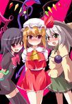  black_hair black_legwear blonde_hair blush flandre_scarlet green_eyes hat heart heart_of_string houjuu_nue komeiji_koishi multiple_girls okumari red_eyes short_hair silver_hair stage_connection thighhighs touhou upper_body wings 