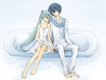  1girl aqua_hair ario31 bad_id bad_pixiv_id barefoot blue_hair blue_scarf couple dress hatsune_miku hetero holding_hands kaito last_night_good_night_(vocaloid) legs long_hair scarf sitting sleeping sleeping_upright twintails very_long_hair vocaloid 