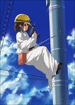  brown_eyes brown_hair clannad company_connection hand_drill helmet hirasawa_yui k-on! kyoto_animation mizuki_makoto parody short_hair solo tools 