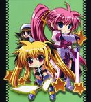  arm_belt arm_guards bardiche blonde_hair blue_eyes chibi cropped_jacket fate_testarossa fingerless_gloves gloves hair_ribbon hat jacket jpeg_artifacts levantine long_hair lyrical_nanoha magical_girl mahou_shoujo_lyrical_nanoha mahou_shoujo_lyrical_nanoha_a's mahou_shoujo_lyrical_nanoha_strikers multiple_girls open_clothes open_jacket pink_hair ponytail red_eyes ribbon short_hair signum star sword tome_of_the_night_sky twintails waist_cape weapon wings yagami_hayate 