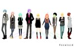  6+girls ahoge alternate_costume aqua_eyes aqua_hair black_legwear blonde_hair blue_eyes blue_hair blue_legwear boots brown_eyes brown_hair brown_legwear casual closed_eyes coma_(fginiy) everyone fashion green_eyes green_hair gumi hatsune_miku high_heels highres kagamine_len kagamine_rin kaito kamui_gakupo lineup long_hair megurine_luka meiko multiple_boys multiple_girls necktie pantyhose pink_hair purple_hair sf-a2_miki shoes short_hair simple_background skirt smile socks striped striped_legwear sunglasses thighhighs twintails vertical-striped_legwear vertical_stripes vocaloid zettai_ryouiki 