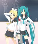  classroom hair_ornament hair_ribbon hairclip hatsune_miku highres kagamine_rin long_hair megaphone midriff multiple_girls powhu ribbon school_uniform short_hair skirt thighhighs twintails very_long_hair vocaloid 