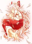  arm_garter barefoot bed_sheet bow closed_eyes eyebrows_visible_through_hair fetal_position fujiwara_no_mokou full_body hair_bow juliet_sleeves long_hair long_sleeves lying multi-tied_hair no_toes on_side pants puffy_sleeves red_pants ribbon shirt sleeping solo suspenders touhou very_long_hair white_hair white_shirt zawameki 