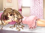  arm_garter bad_id bad_pixiv_id bed brown_hair chemise long_hair lying momoko_(momopoco) on_stomach original pillow pink_eyes solo twintails 