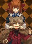  animal_ears bad_id bad_pixiv_id bow brown_eyes brown_hair checkered checkered_background cheek_pinching face green_eyes grin hair_bow hands long_hair looking_back looking_down multiple_girls neck_ribbon original pinching ribbon shirabi smile 