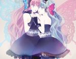  aqua_hair bug butterfly butterfly_hair_ornament dress fingerless_gloves gloves hair_ornament hatsune_miku headset holding_hands insect long_hair magnet_(vocaloid) megurine_luka multiple_girls pink_hair strapless strapless_dress thighhighs twintails usui_(tripcube) very_long_hair vocaloid 