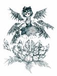  bad_id bad_pixiv_id barefoot blue bow cirno dress empty_eyes flower frozen full_body hair_bow horror_(theme) ice ice_wings kurosaki_(niggurath) monochrome no_nose outstretched_arms short_hair simple_background smile solo spread_arms standing touhou white_background wings 