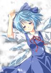  blue_eyes blue_hair bow cirno dress hair_bow lying on_back short_hair smile snow solo touhou wings yui_(daijun) 