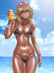  beach bikini blonde_hair brown_eyes dark_skin oil pubic_hair sunglasses swimsuit tan tattoo 