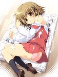  blush brown_eyes brown_hair canvas_(object) hair_ornament hidamari_sketch lying mitsuki_mantarou on_side paint panties pink_panties school_uniform sexually_suggestive short_hair solo suggestive_fluid underwear x_hair_ornament yuno 