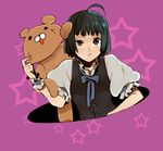  ahoge androgynous bad_id bad_pixiv_id black_eyes black_hair cheek_pinching highres kurono_yuu original pinching short_hair solo squinting stuffed_animal stuffed_toy teddy_bear uneven_eyes wrist_cuffs 