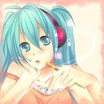  amase_(siki696) aqua_eyes aqua_hair blush chin_rest hatsune_miku headphones long_hair musical_note pencil solo vocaloid 