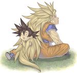  back-to-back black_hair blonde_hair blush closed_eyes crossed_legs dragon_ball dragon_ball_z father_and_son grass green_eyes hair_grab happy katsutake laughing long_hair male_focus multiple_boys open_mouth sitting smile son_gokuu son_goten spiked_hair super_saiyan super_saiyan_3 