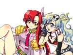  2girls alternate_hairstyle bikini_top cosplay costume_switch dress gloves hair_down hair_ornament multicolored_hair multiple_girls nia_teppelin nia_teppelin_(cosplay) pink_dress ponytail red_hair scarf seapanda0129 short_shorts shorts smile tengen_toppa_gurren_lagann two-tone_hair white_background yellow_eyes yoko_littner yoko_littner_(cosplay) 