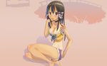  barefoot blush breasts brown_eyes brown_hair choker cleavage long_hair no_bra nopan original shorts tan_lines tougetsu_gou 