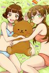  1girl akizuki_ryou arm_up blush bra brown_eyes brown_hair candy crossdressing food green_eyes idolmaster idolmaster_dearly_stars lingerie long_hair open_mouth otoko_no_ko panties sakurai_yumeko short_hair side_ponytail smile stmp stuffed_animal stuffed_toy underwear underwear_only 