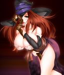  bare_shoulders between_breasts breasts brown_eyes brown_hair cleavage cube_(circussion) curvy detached_sleeves dragon's_crown dress hat hat_over_one_eye large_breasts licking long_hair no_panties saliva sexually_suggestive side_slit solo sorceress_(dragon's_crown) staff strapless strapless_dress tongue witch_hat 