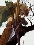  ado_(adonki) aiming arrow black_gloves bow_(weapon) braid cape dragon's_crown drawing_bow elf_(dragon's_crown) gloves holding holding_arrow holding_bow_(weapon) holding_weapon hood outstretched_arm red_eyes solo squatting twin_braids weapon white_hair 