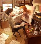  1girl art_brush blush brown_hair closed_eyes easel face hands imminent_hug long_hair mikihisa415 open_mouth orange_hair original outstretched_arms paint paintbrush palette short_hair sitting smile sprout stool surreal through_screen window 