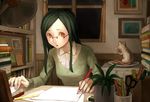  bad_id bad_pixiv_id brown_eyes desk face food glasses green_hair hands lamp left-handed mikihisa415 mouse original pencil plant potted_plant scissors solo 