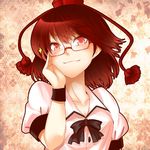  adjusting_eyewear bespectacled blush brown_hair dress_shirt glasses hane_(hanegoya) hat looking_at_viewer red_eyes shameimaru_aya shirt smile solo sparkle tokin_hat touhou upper_body wristband 