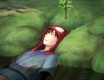  ashitaka bad_id bad_pixiv_id bangs blood brown_hair closed_eyes cuts grass hat injury long_sleeves male_focus mikihisa415 mononoke_hime nature parted_lips partially_submerged red_hat sash short_over_long_sleeves short_sleeves sleeping solo sprout tree unconscious upper_body water 