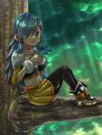  bird blue_hair breasts cleavage final_fantasy final_fantasy_crystal_chronicles green_eyes long_hair selkie shade tree 