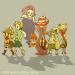  4girls admiral_bobbery bad_id bad_pixiv_id bowl bowl_hat cloak copyright_name floating flurrie from_side ghost goombella grey_background hat jacket koops long_sleeves mario_(series) ms._mowz multiple_boys multiple_girls noguron open_clothes open_jacket paper_mario paper_mario:_the_thousand_year_door personification shorts super_mario_bros. vivian_(paper_mario) walking witch_hat yoshi 