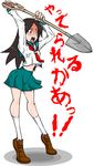  brown_hair crazy crazy_eyes highres impossible_clothes kitsu_chiri legs long_hair oga_(o-g-a) open_mouth overhead_swing purple_eyes sayonara_zetsubou_sensei school_uniform screaming serafuku shaded_face shovel simple_background skirt socks solo swinging text_focus tiptoes translation_request weapon 